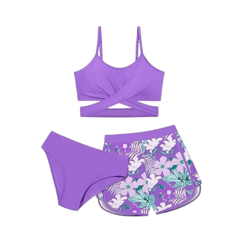 Purple Tropical Floral Print Swim Set with 2 Matching Bottoms NWOT Size 11-12 Y